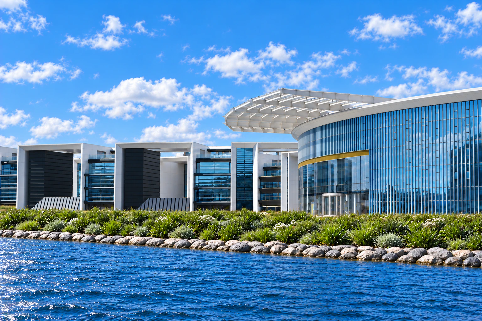 Glass architecture beside the water