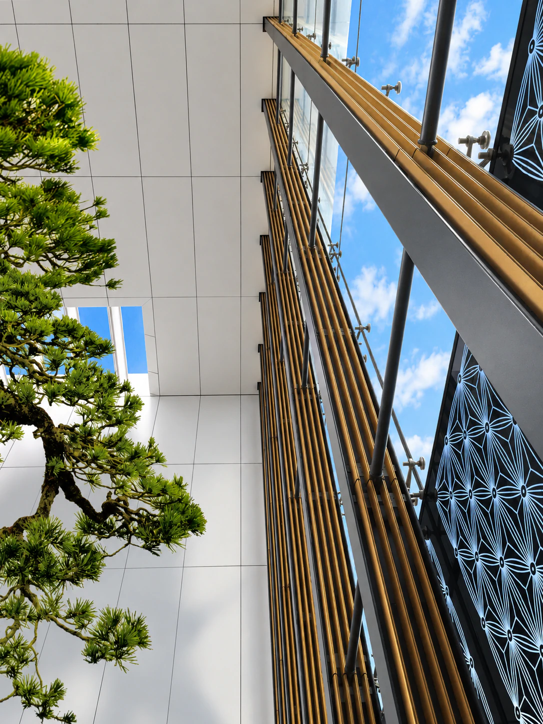 Detail of point-fixed printed glass wind screen and atrium roof